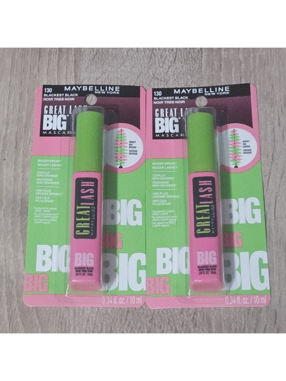 2 Maybelline Great Lash BIG #130 Blackest Black Mascara NEW SEALED CARDED